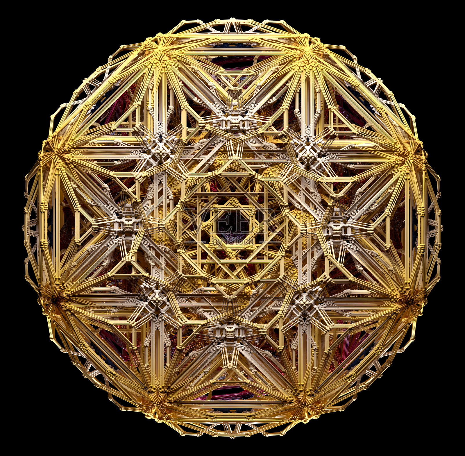 三维渲染抽象艺术与超现实对称分形圆形催眠曼陀罗花基于彩色橙紫红塑料丝原子结构在黑色背景照片摄影图片