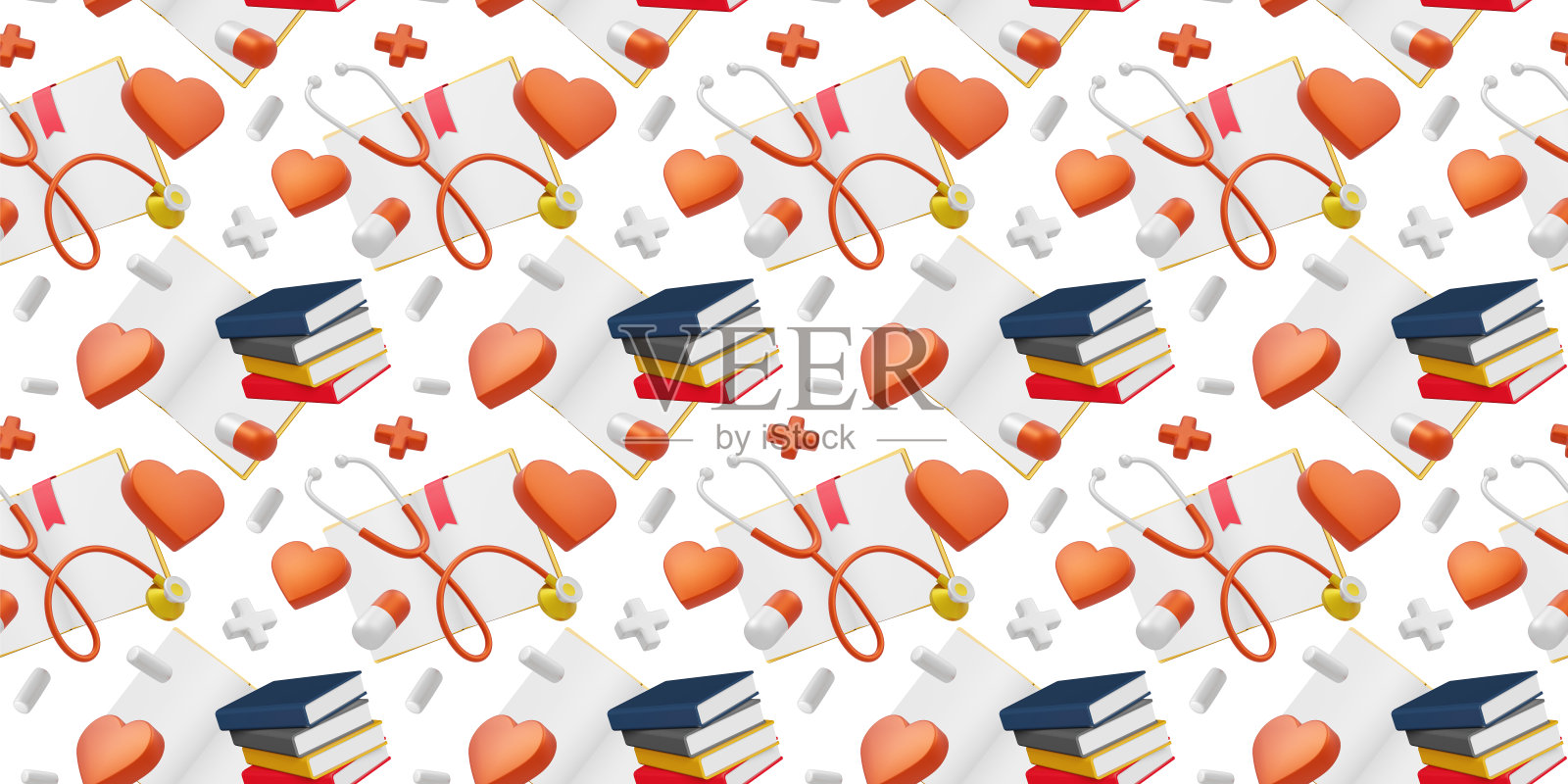 3d医疗无缝模式与心脏,听诊器,药丸和书在白色背景。医学插图三维设计照片摄影图片