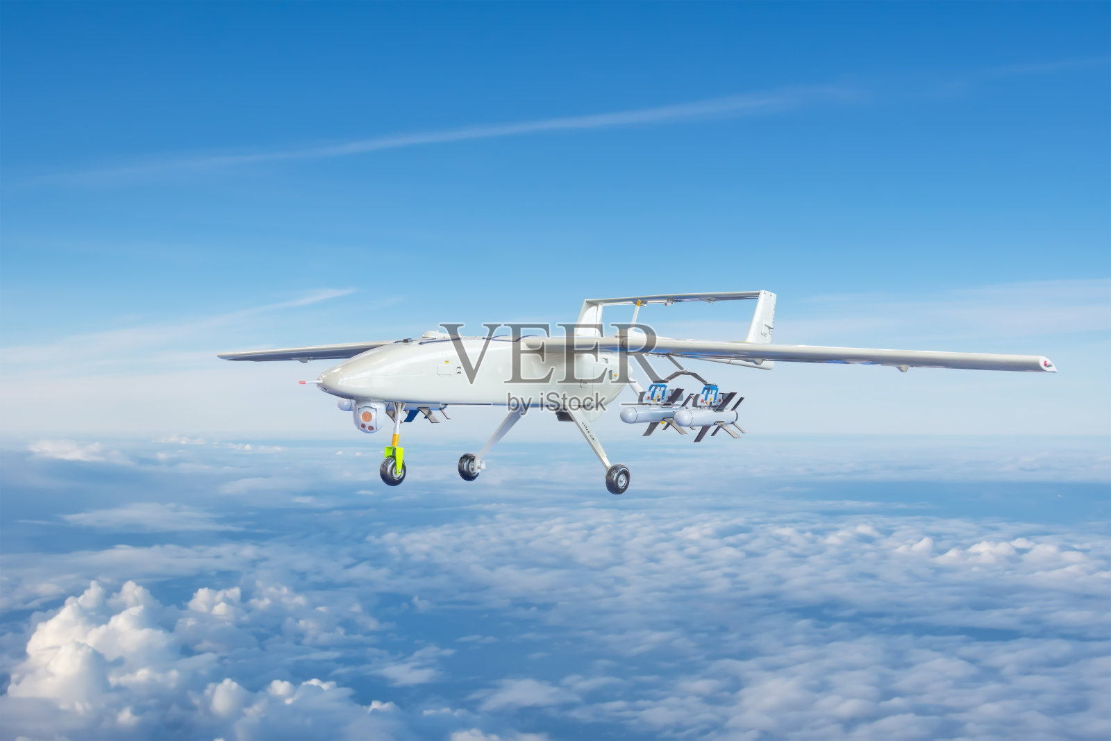 携带武器和导弹的无人驾驶军用无人机在高空巡逻领空照片摄影图片