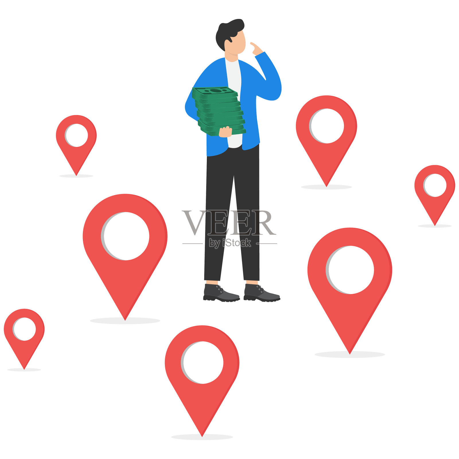 寻找合适的地点开展业务,投资分析在哪里赚取利润,财务决策概念。困惑的商人投资者拿着钱堆在哪里考虑投资。插画图片素材