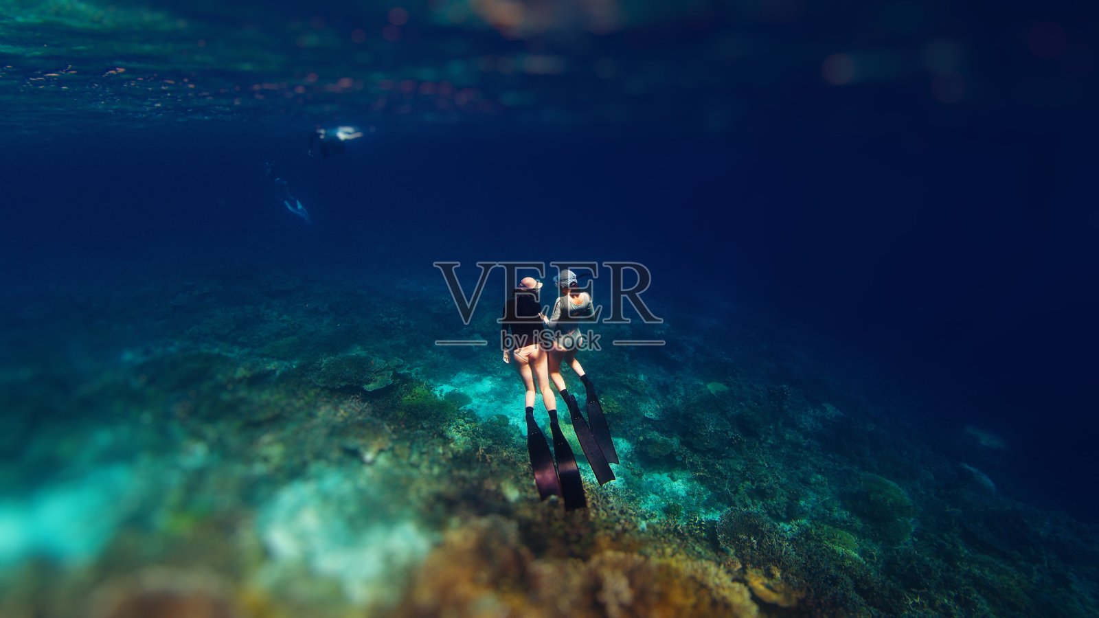 在印度尼西亚的科莫多国家公园,两名女性自由潜水者在热带海洋中游泳,享受健康的珊瑚礁照片摄影图片