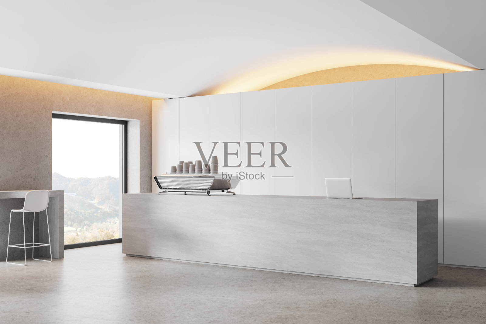 明亮的自助餐厅内部设有吧台和靠近窗户的用餐空间照片摄影图片