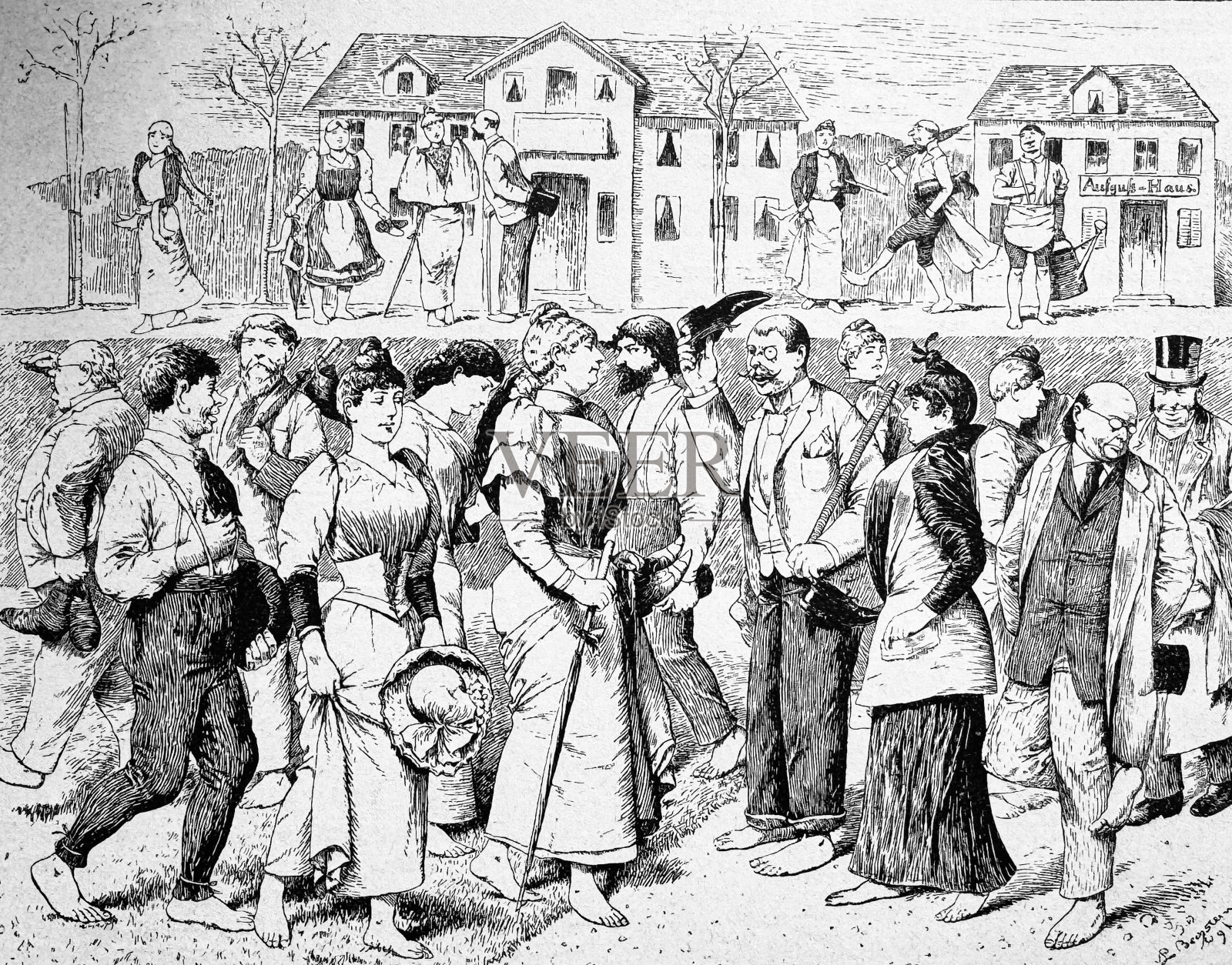 现代的温泉长廊上,拥挤嘈杂插画图片素材