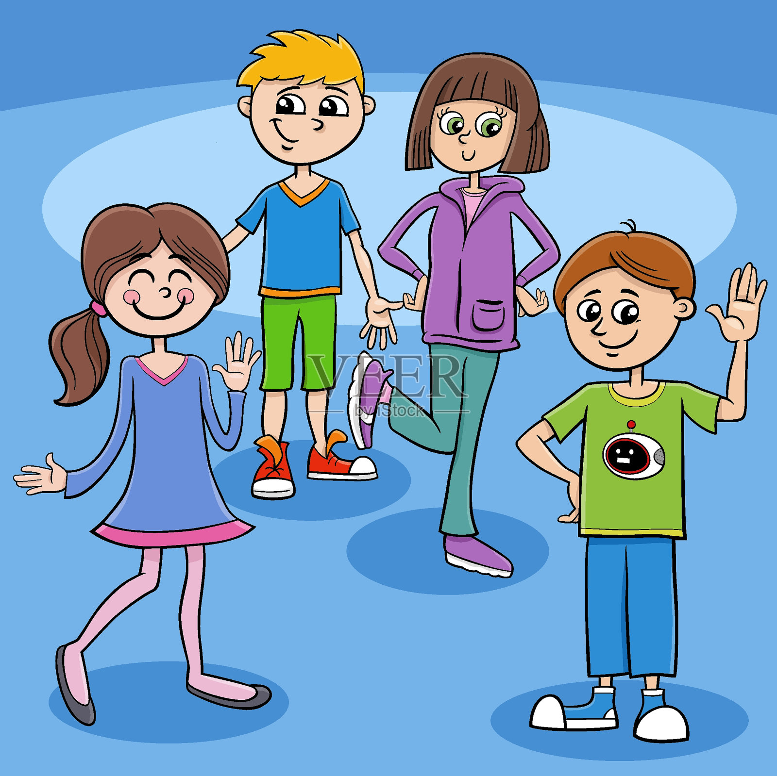 快乐的卡通儿童或青少年人物组插画图片素材