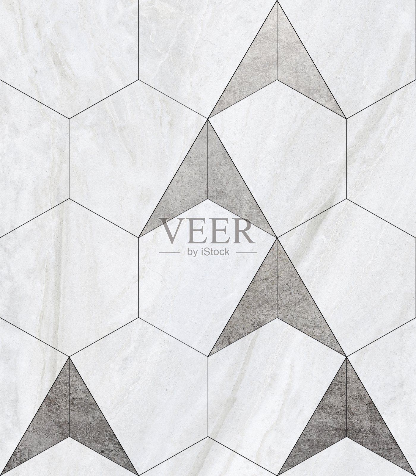 水泥瓷砖地板。过渡地板。木瓦。六边形的瓷砖散落在木地板上。插画图片素材