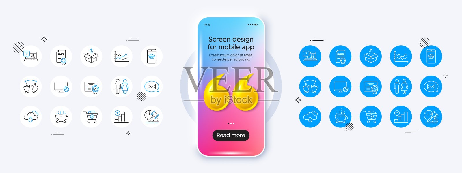 移动手势、智能手机购买和图表线稿图标,适用于网页应用和印刷矢量插画图片素材