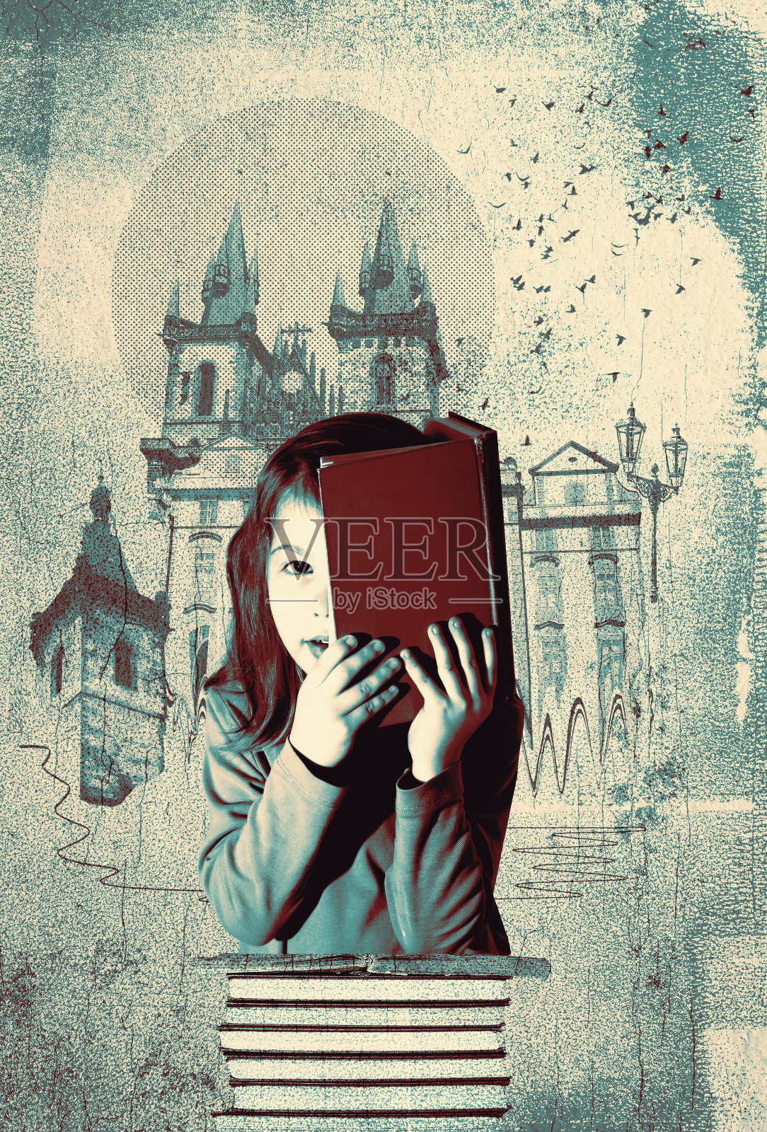 知识的概念。平静的书。小女孩和蓝天照片摄影图片