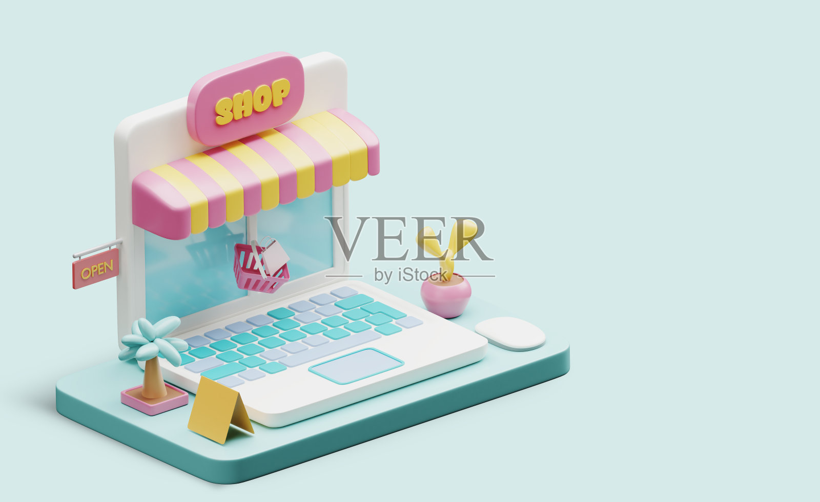 商店或存储彩色背景上的3d图标。照片摄影图片