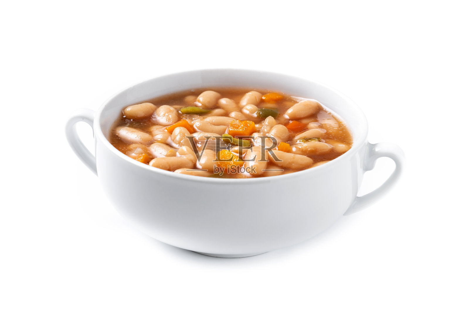 白碗里的白豆菜汤,孤立在白底上。照片摄影图片