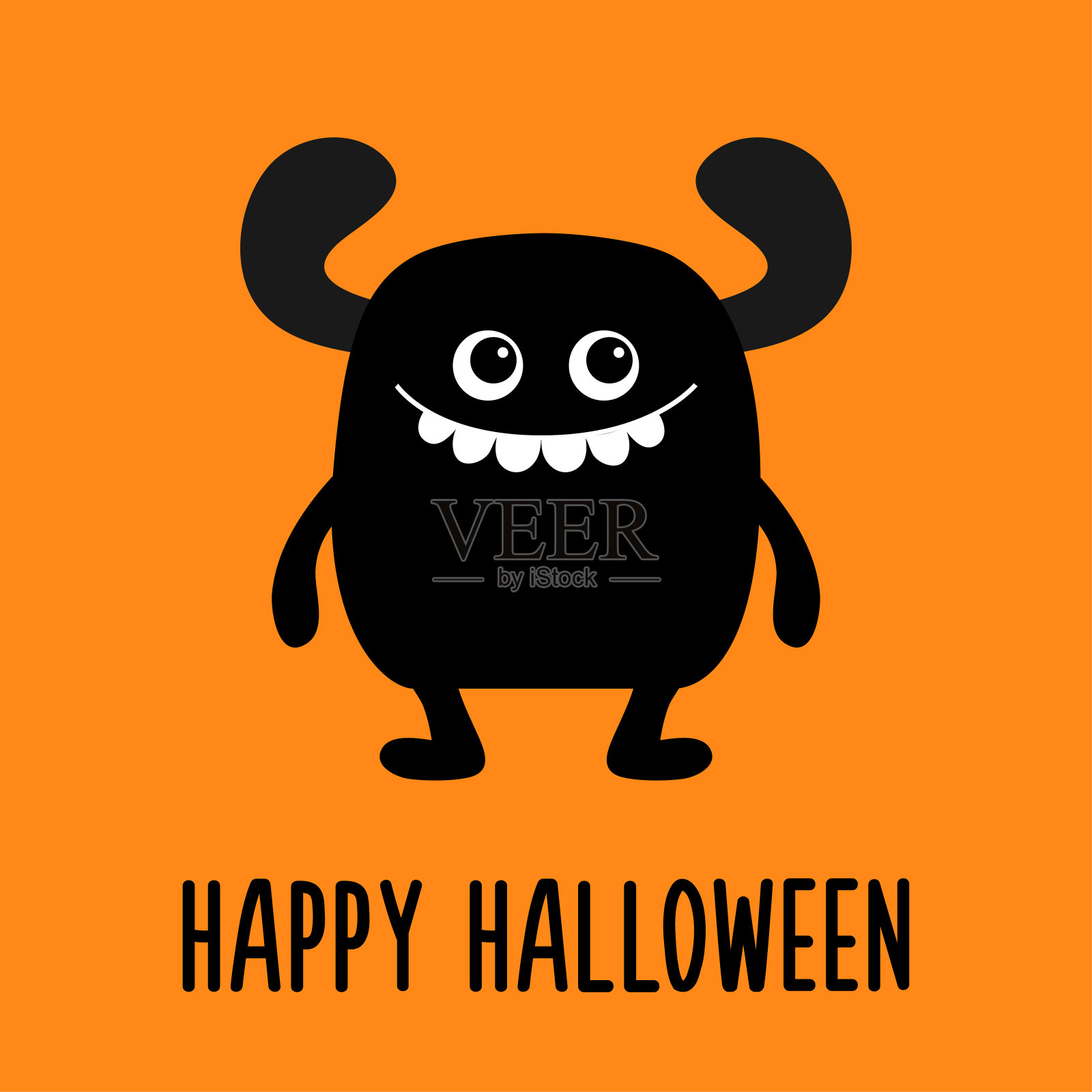 万圣节快乐。可爱的怪物。头脸上长着大角,尖牙。黑影怪物。卡通卡哇伊有趣的boo人物。幼稚的婴儿收藏。橙色背景。平面设计。插画图片素材
