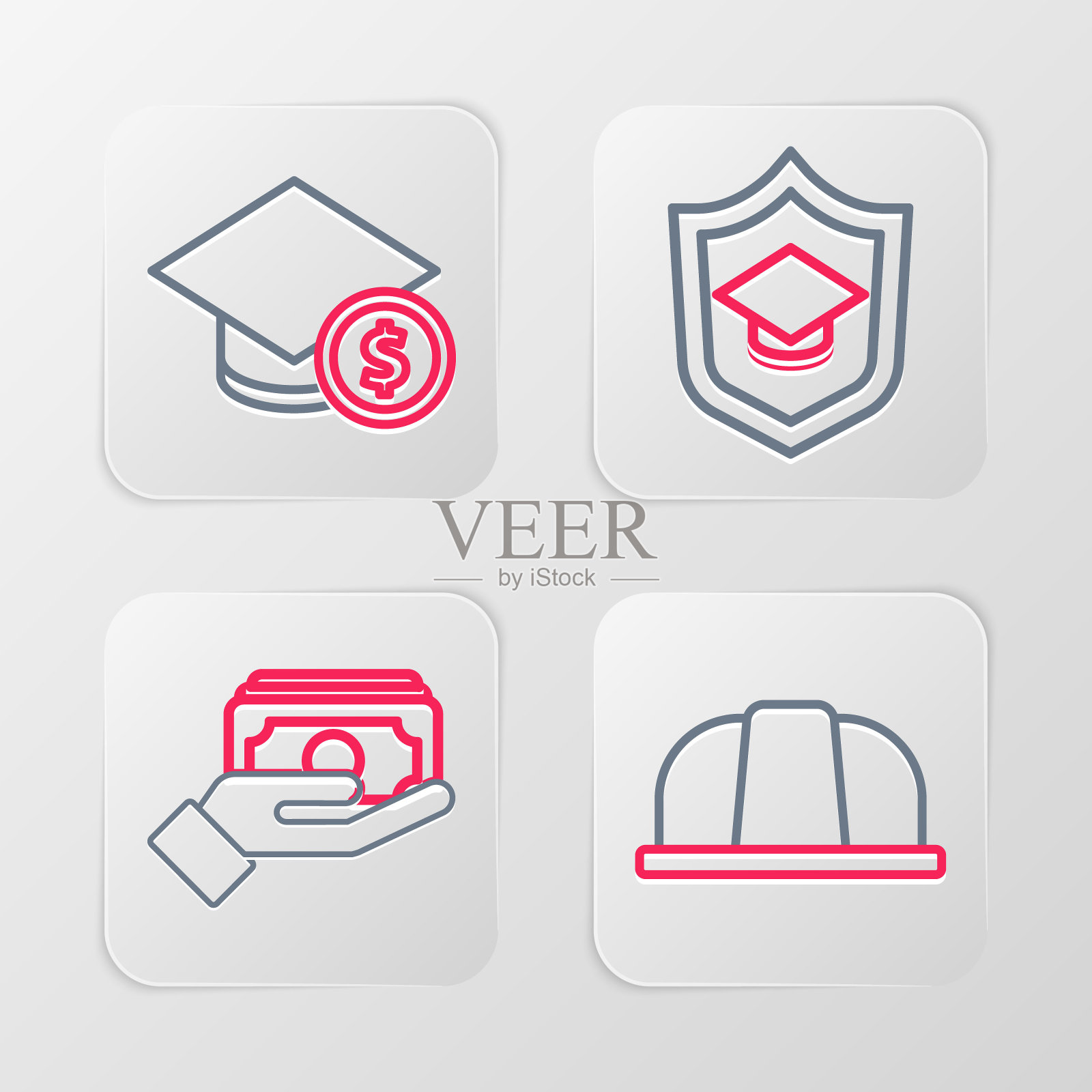 设置生产线工人安全帽,堆放纸钱现金,带盾牌和硬币图标的毕业帽。向量插画图片素材