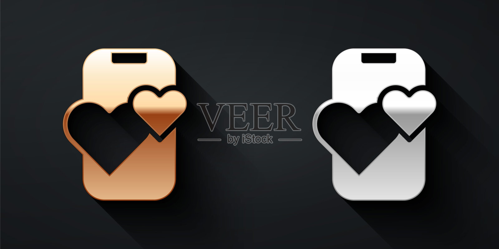 黄金和白银约会应用程序在线移动概念图标孤立的黑色背景。女性男性轮廓扁平设计。夫妻关系的匹配。长影式。向量插画图片素材