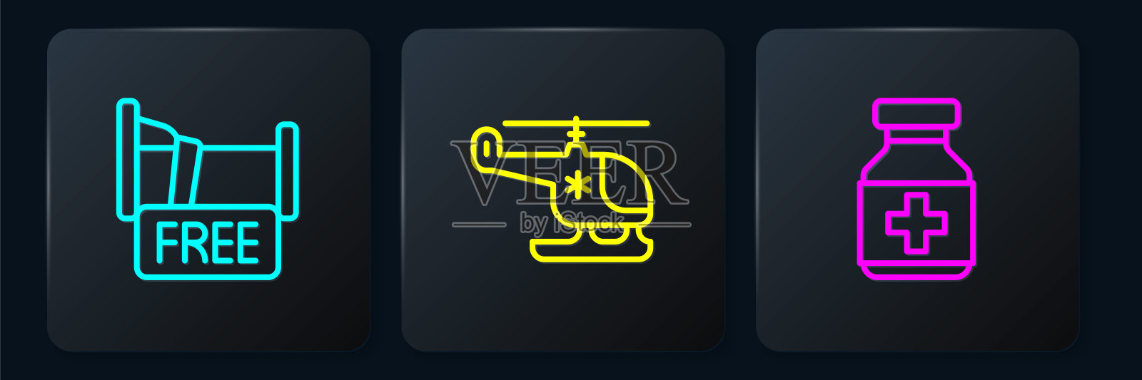 免费住宿房,药瓶,药品和救援直升机。黑色方形按钮。向量插画图片素材