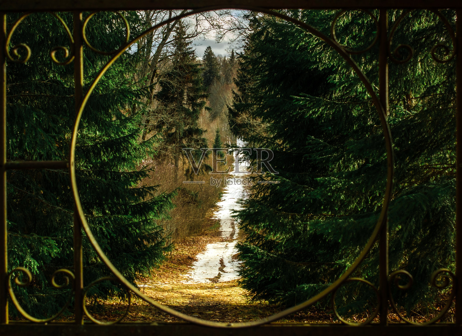 宁静的通道:透过金属门一瞥,Birinu Pils,拉脱维亚照片摄影图片