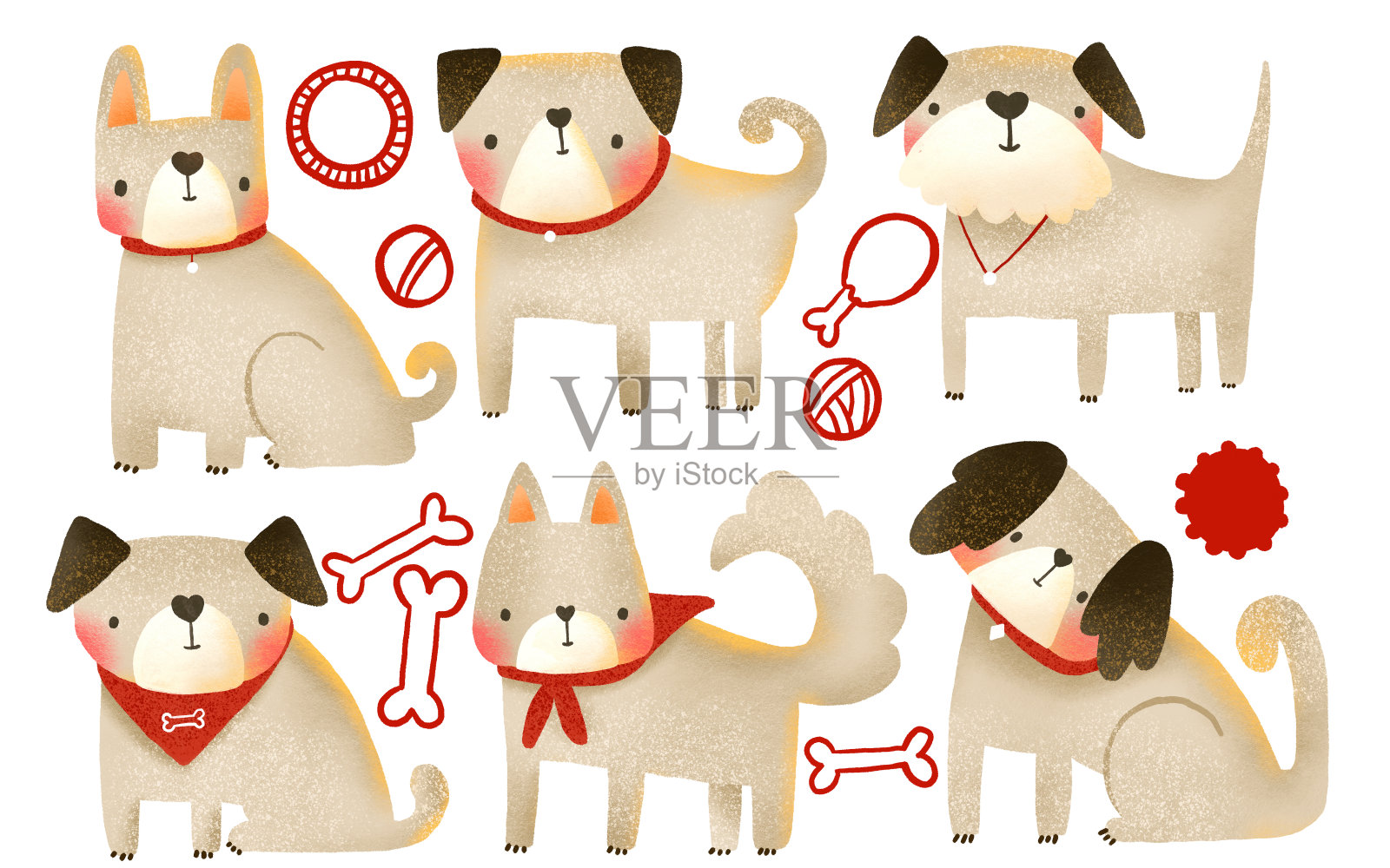 一组有趣的卡通狗,戴着红项圈和围巾。小狗插图。手绘插图在孤立的背景。孩子们设计插画图片素材