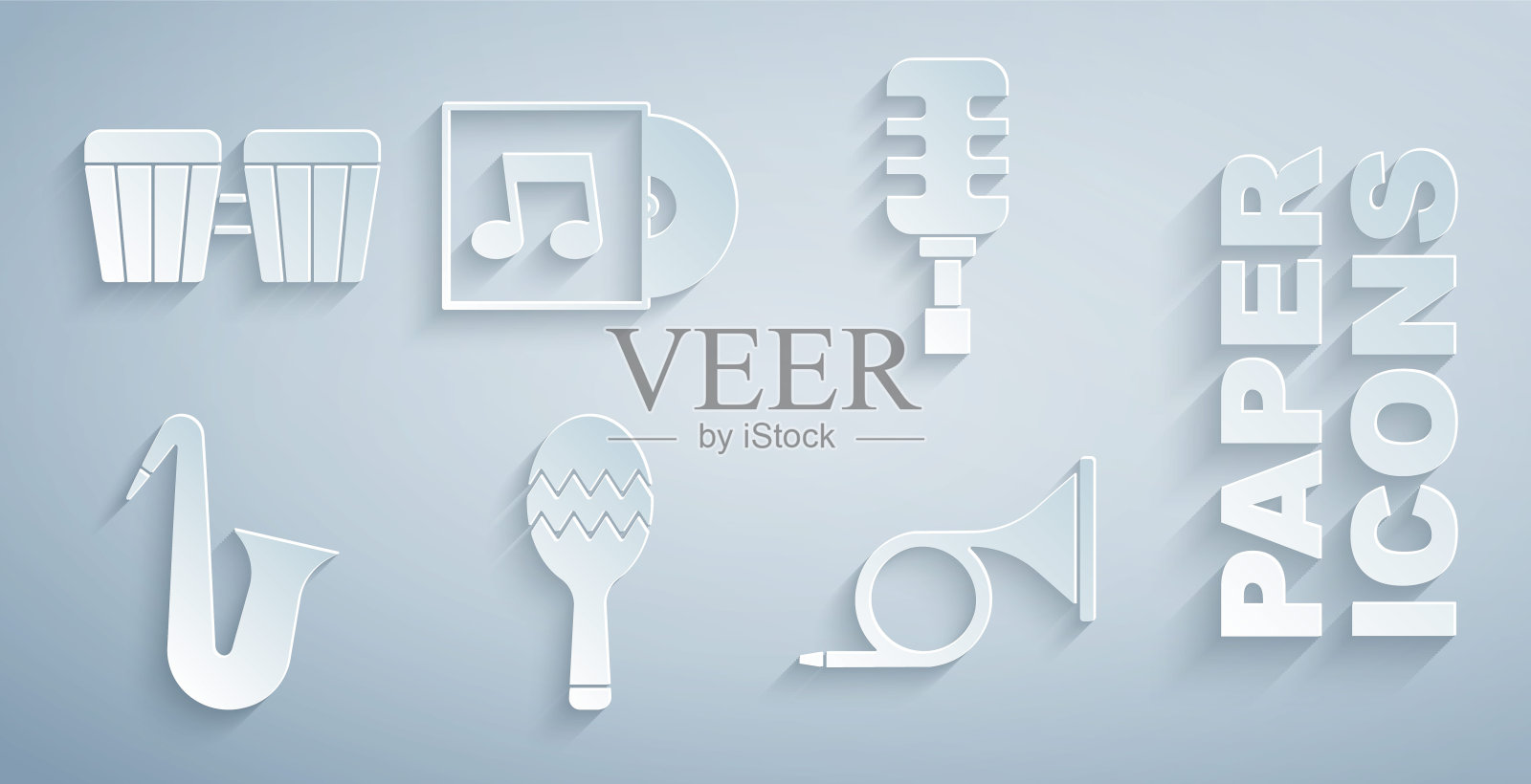 设置沙球,麦克风,乐器萨克斯管,小号,黑胶唱片和鼓图标。向量插画图片素材