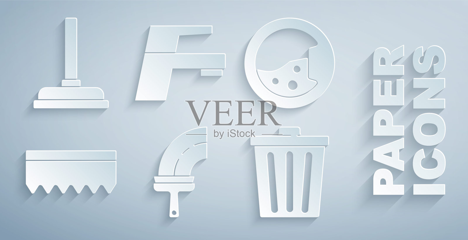 设置橡胶清洁剂的窗户,洗衣机,海绵,垃圾桶,水龙头和柱塞图标。向量插画图片素材