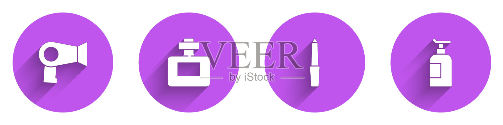 设置吹风机,香水,指甲文件和奶油或乳液化妆品管图标长阴影。向量插画图片素材