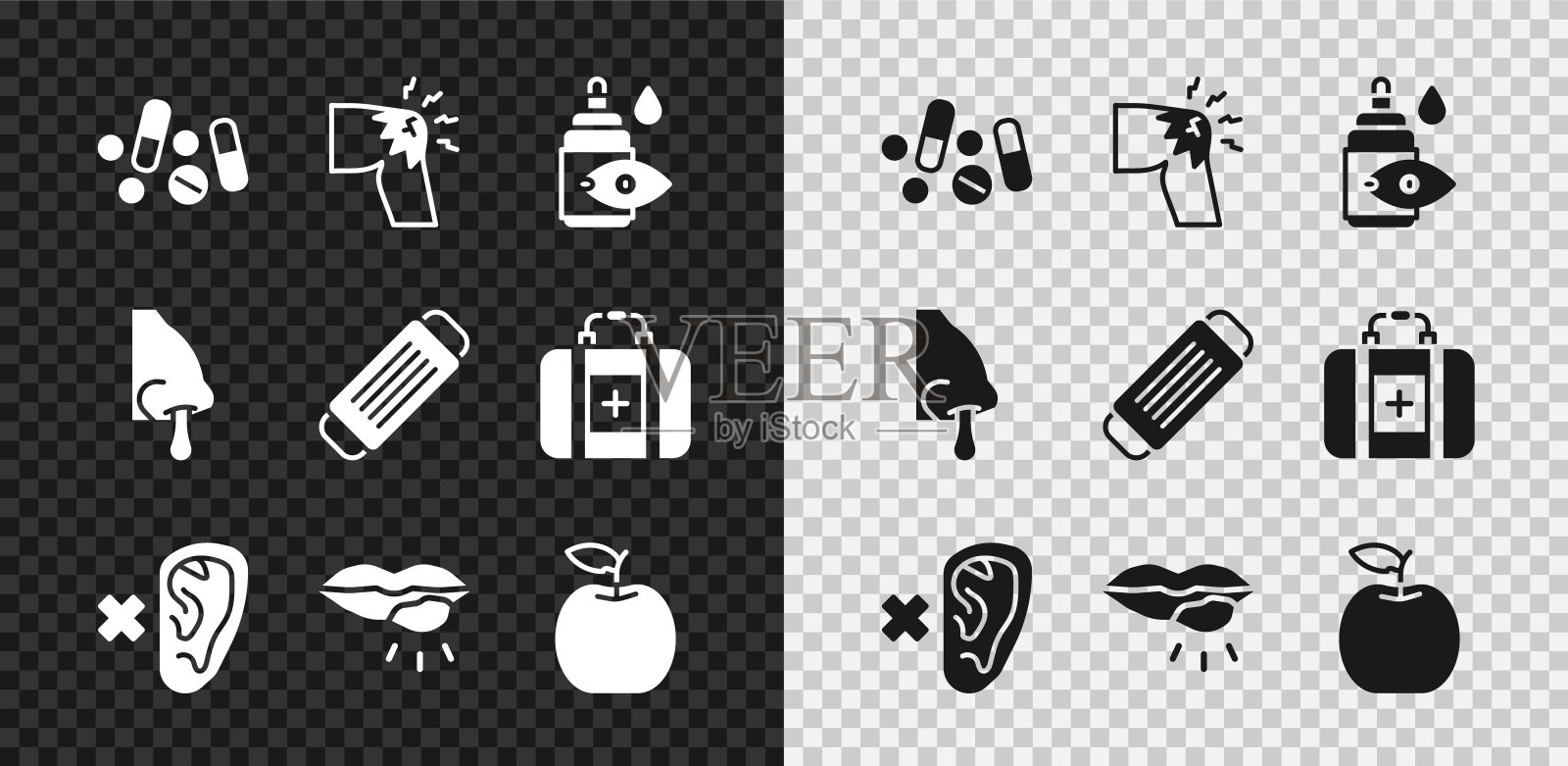 集药片或片剂,关节疼痛,膝盖疼痛,眼药水瓶,耳聋,疱疹唇,苹果,流鼻涕和医疗防护口罩图标。向量插画图片素材