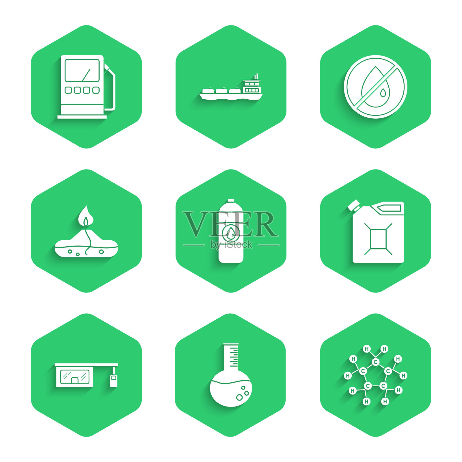 集油罐,机油,汽油试管,分子,汽油,加油站,酒精燃烧器,无滴和汽油图标。向量插画图片素材