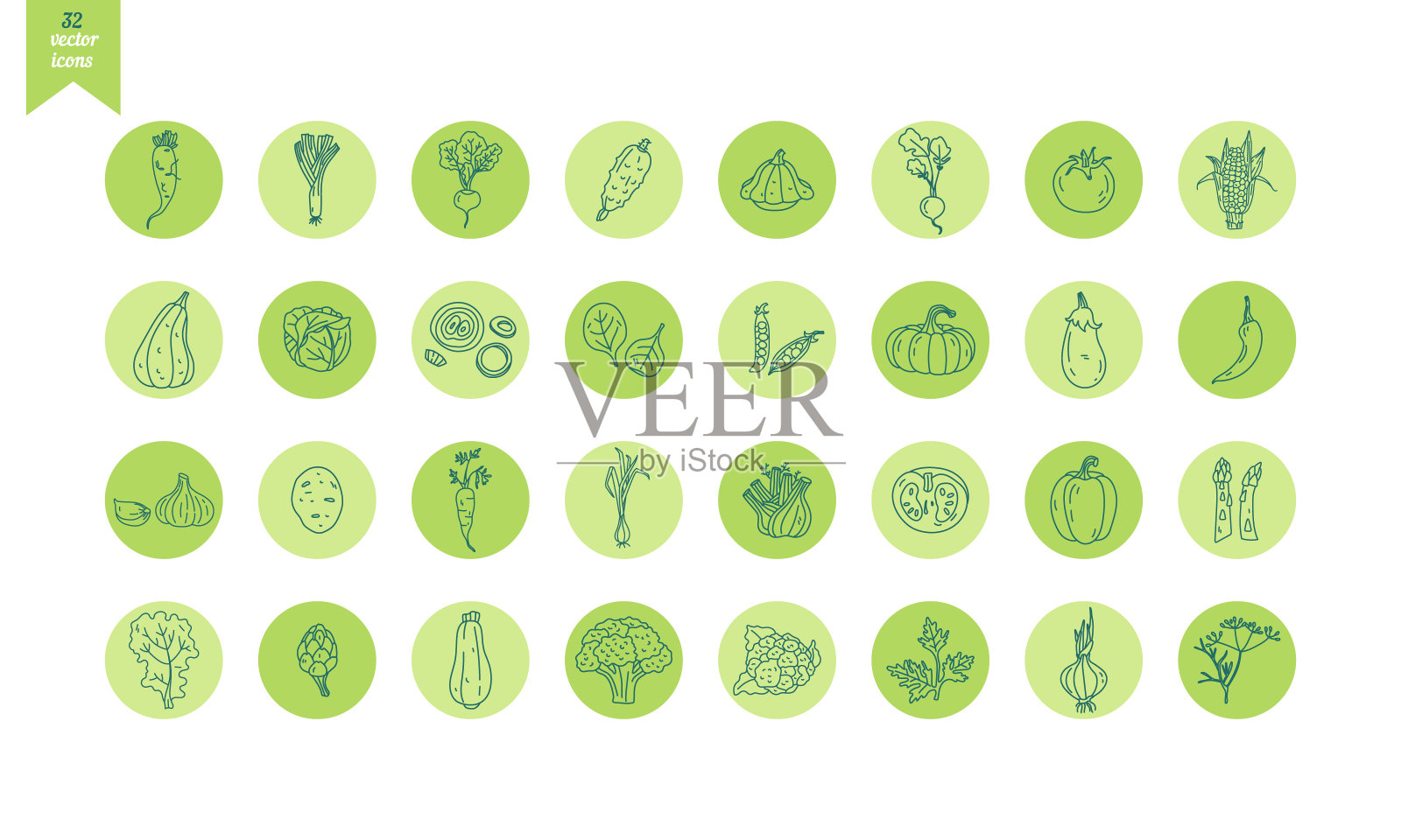32个矢量图标的蔬菜轮廓在绿色的圆圈插画图片素材