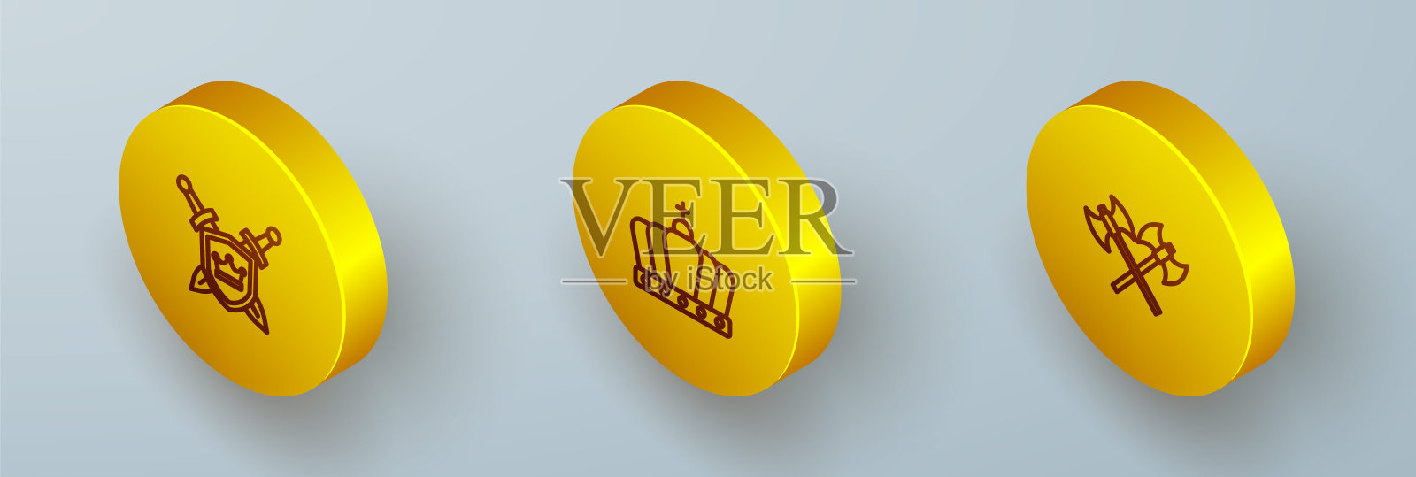 设置等距线盾牌与剑,国王王冠和交叉中世纪斧头图标。向量插画图片素材