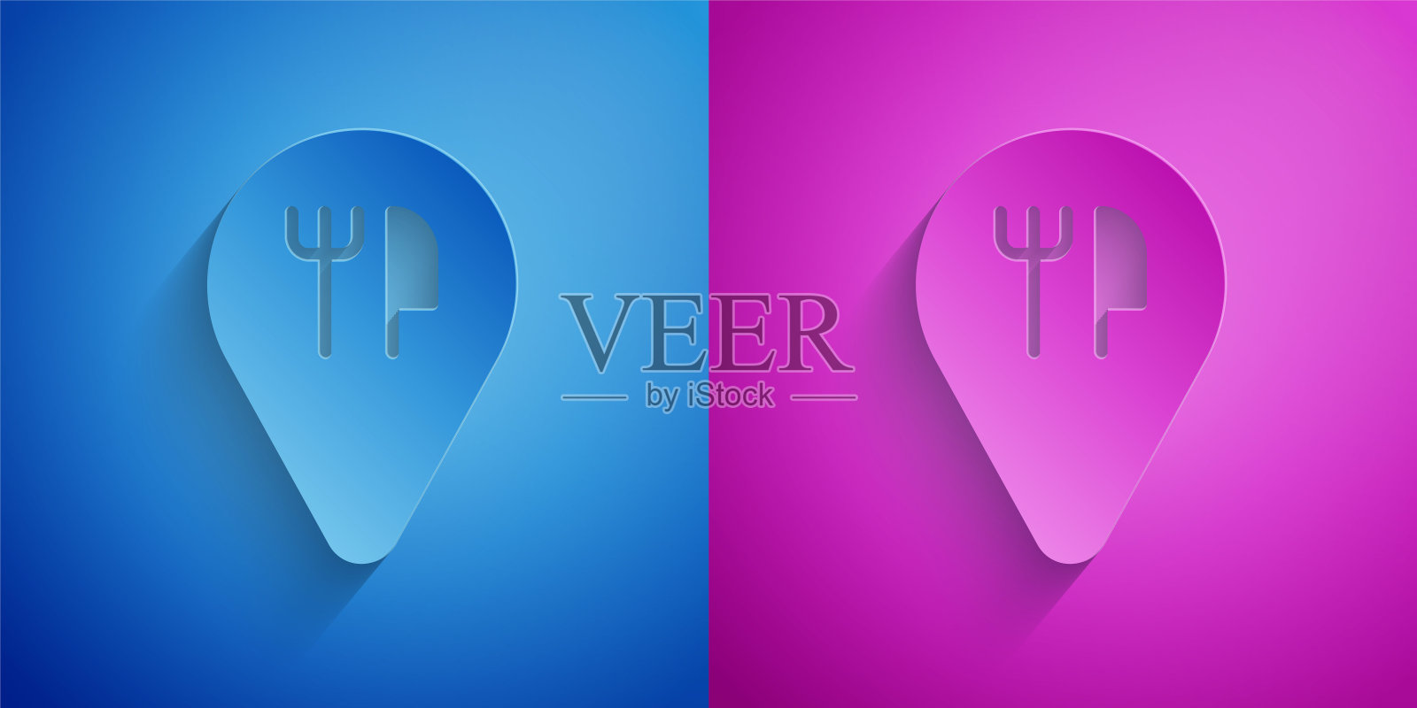 剪纸咖啡馆和餐馆的位置图标隔离在蓝色和紫色的背景。叉勺餐厅的招牌在里面。纸艺风格。向量。插画图片素材