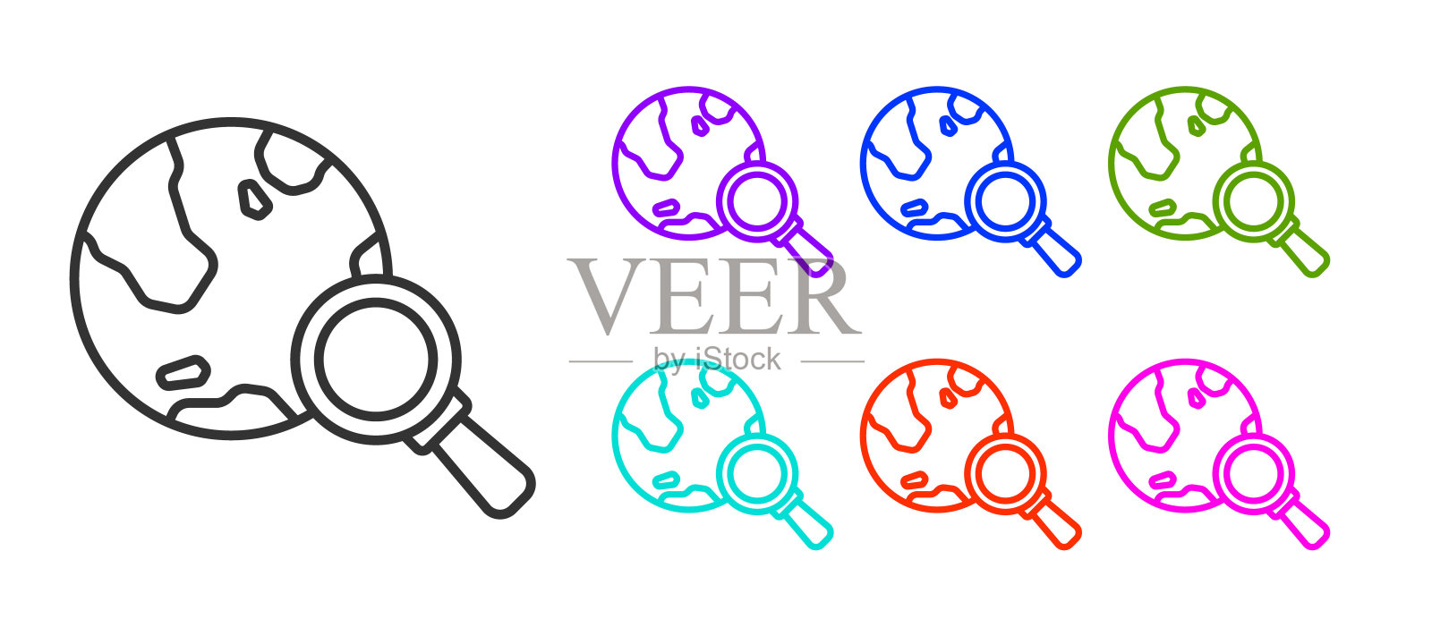 黑线放大镜与地球仪图标隔离在白色背景。分析世界。全局搜索标志。设置图标彩色。向量插画图片素材