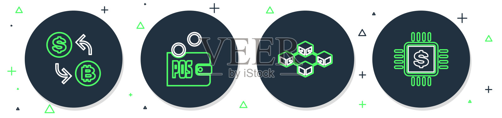 设定权益证明,区块链技术,带有美元和图标的处理器芯片。向量插画图片素材