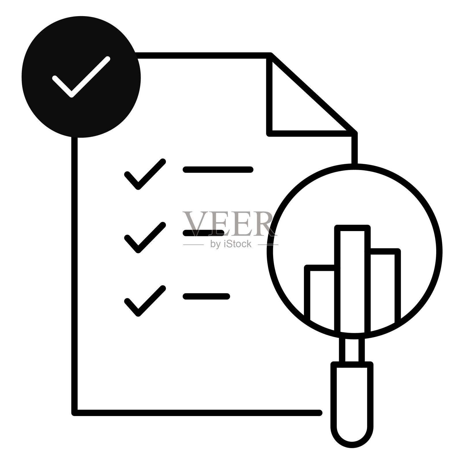 确保通过放大镜检查和打勾来彻底验证文件,表明对重要细节和信息进行了细致的审查和验证。可编辑的描边图标。插画图片素材