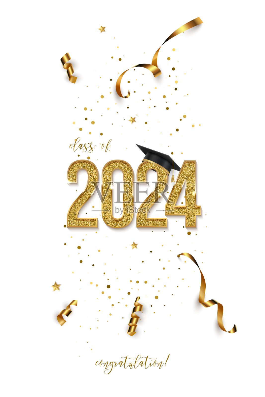 2023年毕业典礼垂直横幅。奖项概念与学术帽,金色的数字,丝带,纸屑和文字孤立的白色背景插画图片素材