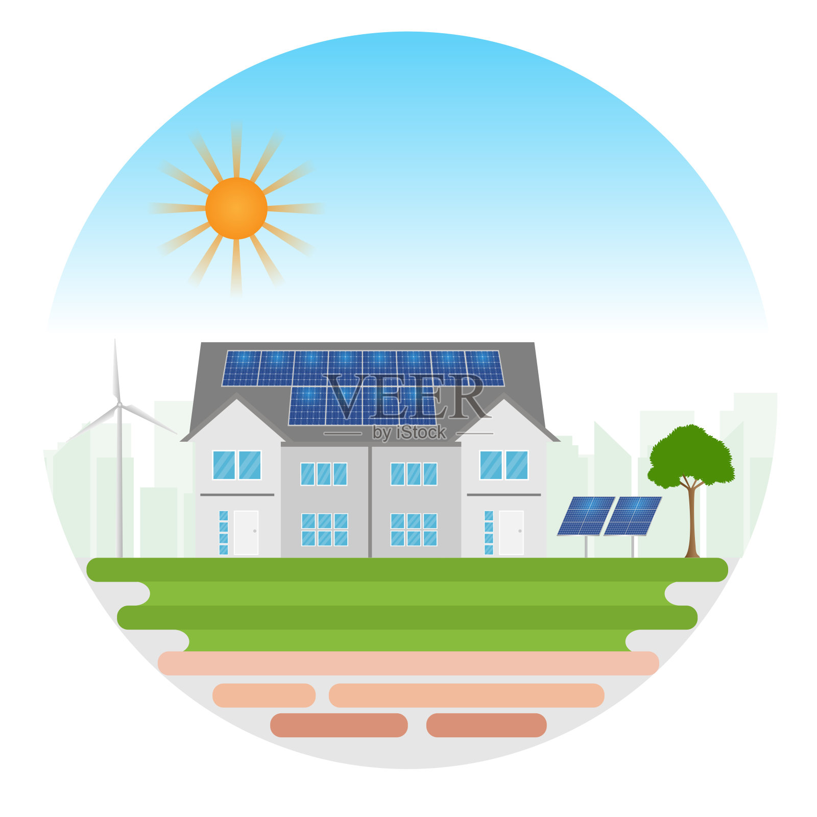 绿色城市里有太阳能电池板和风力涡轮机的房子。可持续能源促进环境。插画图片素材