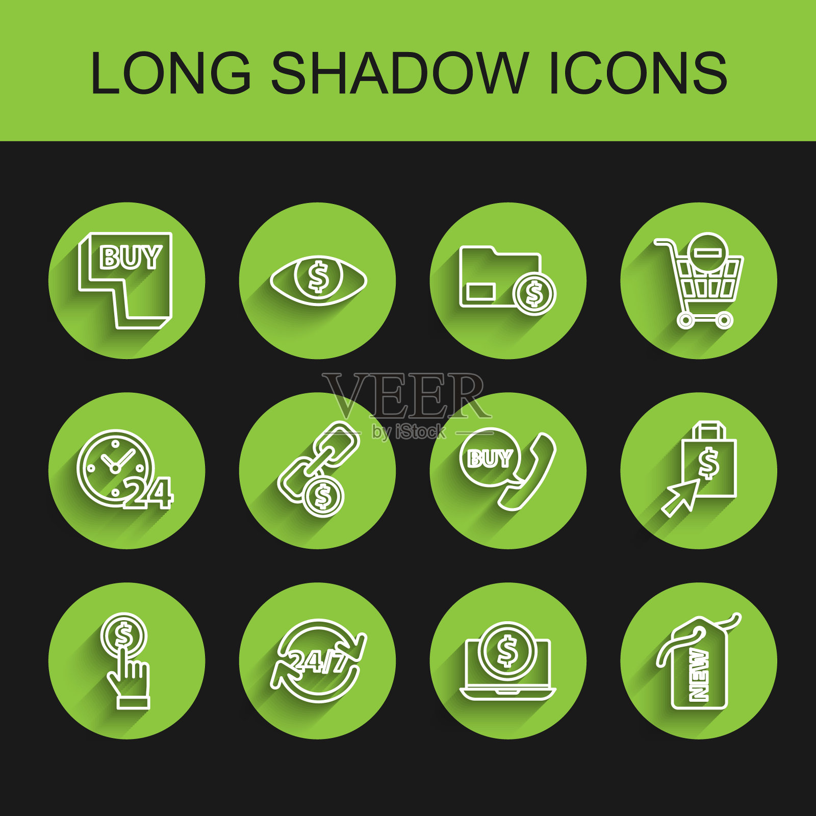 设置线手持硬币,时钟24小时,购买按钮,笔记本电脑与美元,价格标签新的,链环,购物袋和电话语音气泡图标。向量插画图片素材