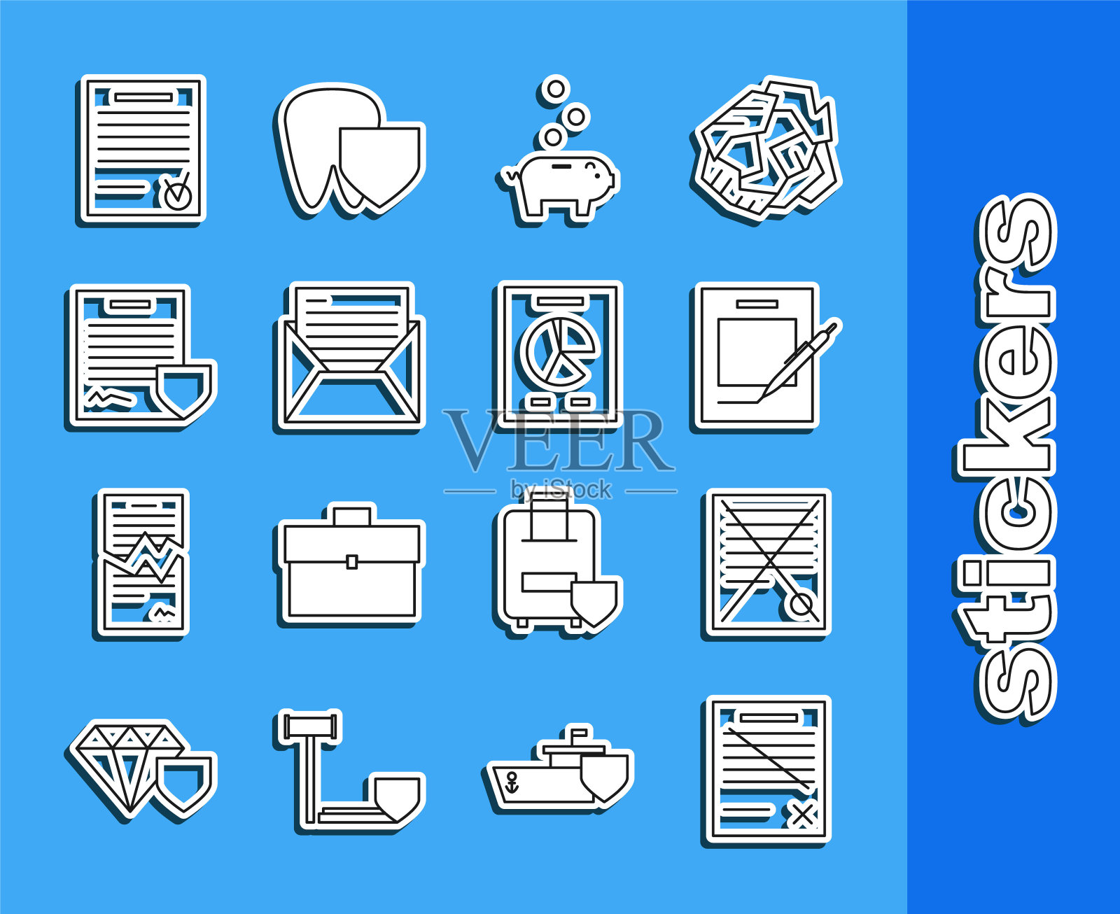 删除文件文档,空白笔记本和笔,带硬币的储蓄罐,邮件电子邮件,合同盾牌,确认勾号和文档图表图标。向量插画图片素材