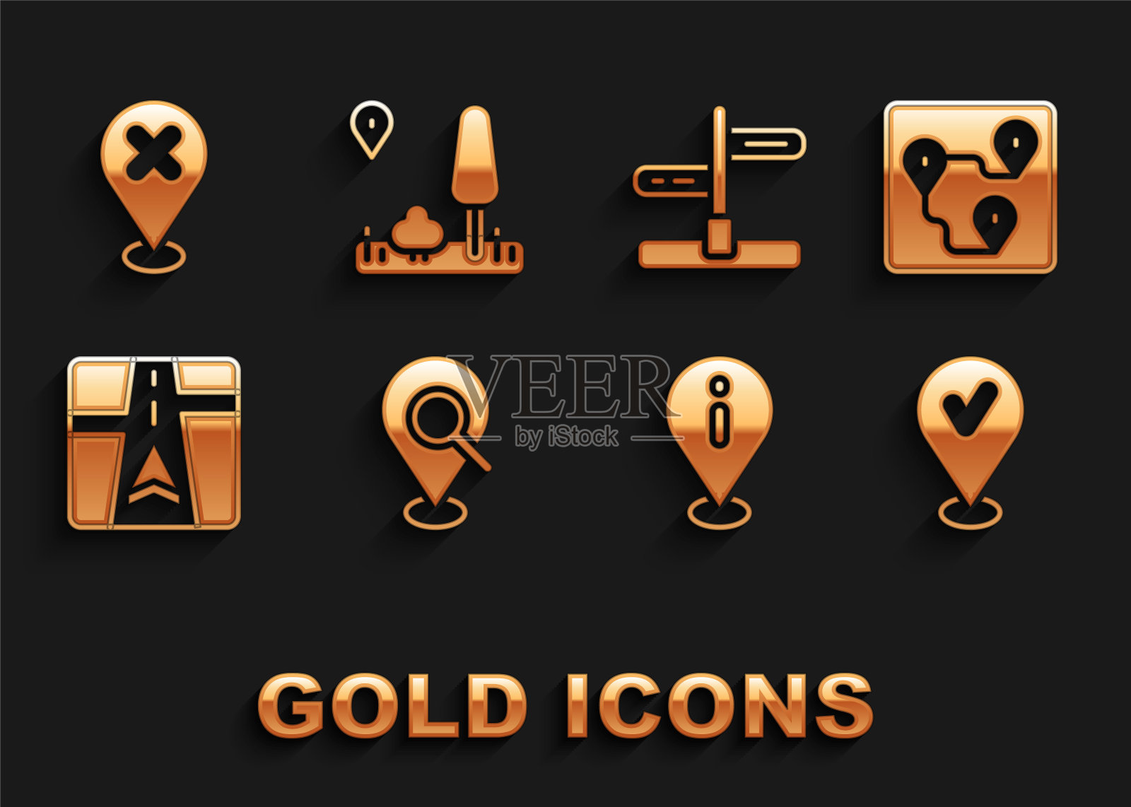 设置搜索位置,路线,位置与复选标记,信息,Gps设备地图,道路交通标志,十字和城市导航图标。向量插画图片素材