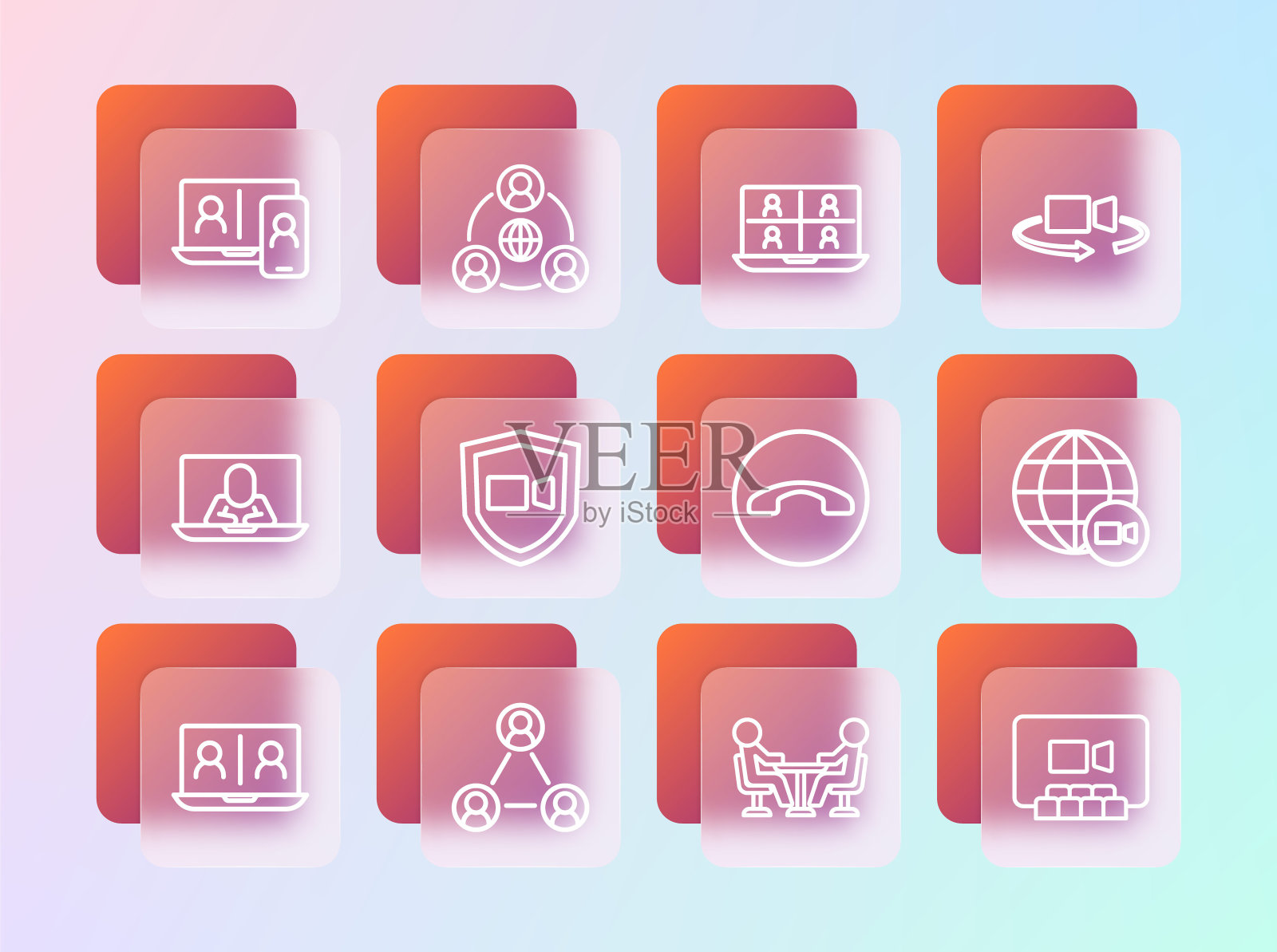 设置线路360度视图、会议、电话手柄、视频聊天会议和图标。向量插画图片素材