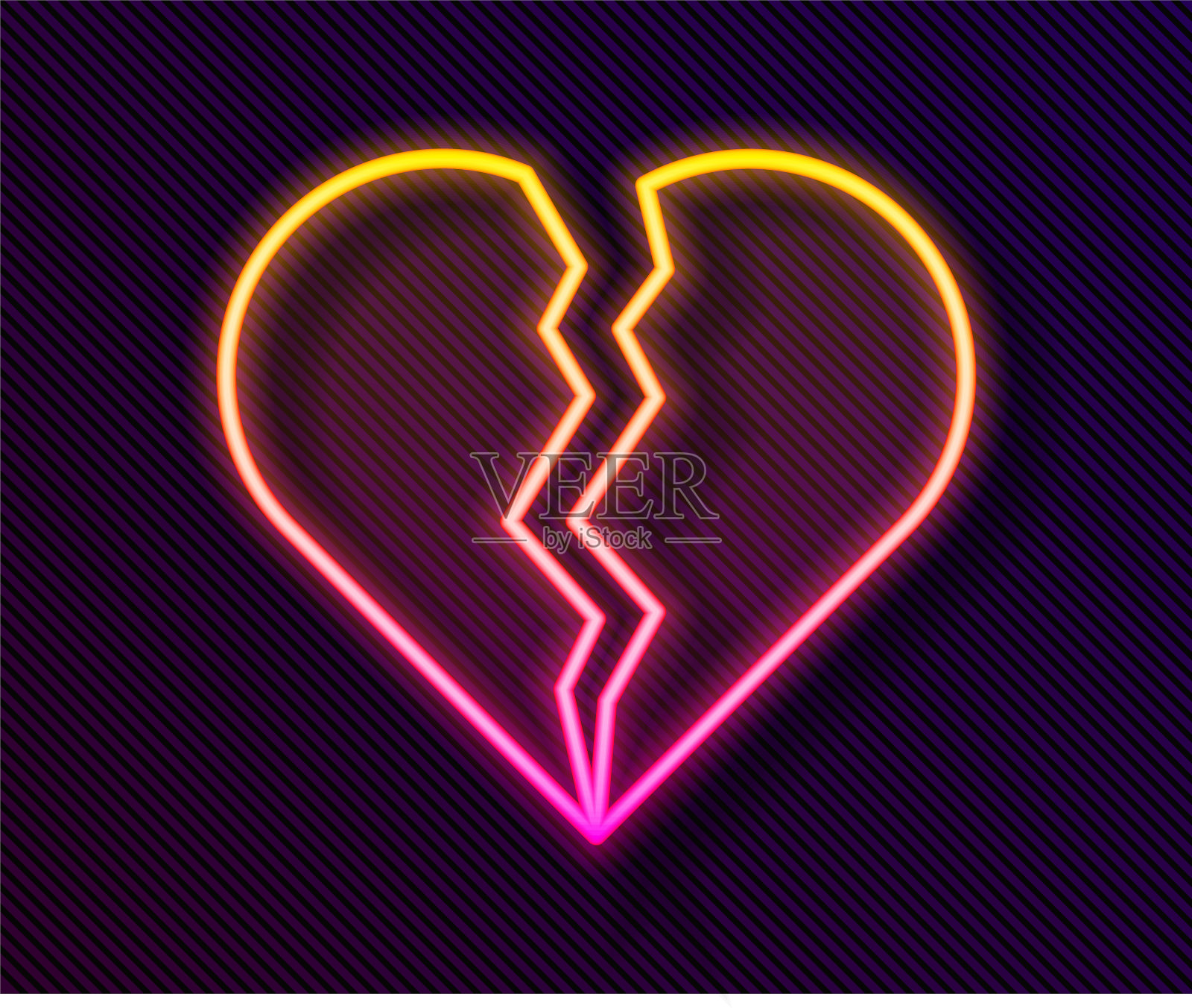 发光的霓虹灯线破碎的心或离婚图标孤立的黑色背景。爱的象征。情人节快乐。向量插画图片素材