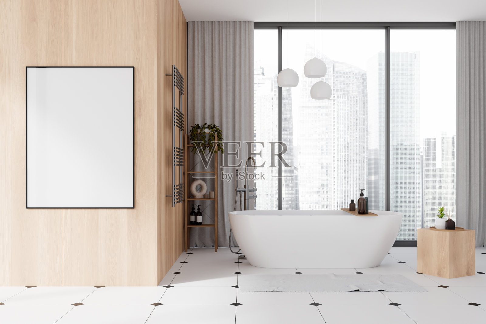 白色和木制浴室,浴缸和海报照片摄影图片