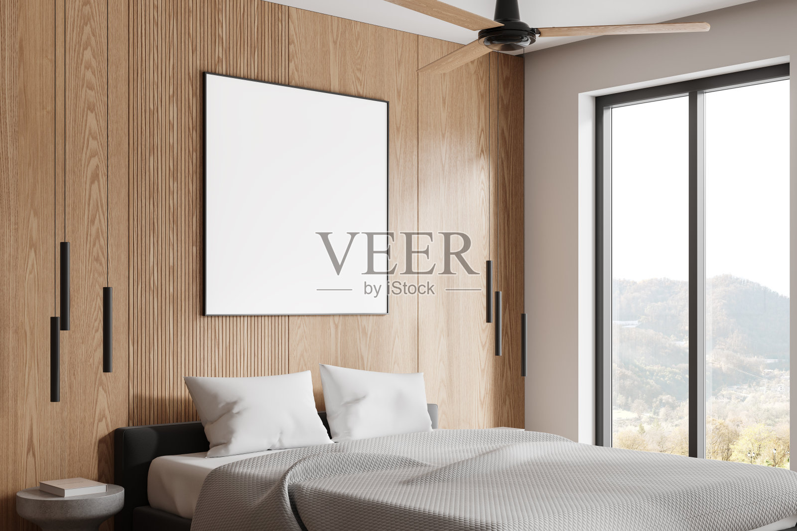 木制的家庭卧室内部有床和带窗户的床头柜。模型架照片摄影图片