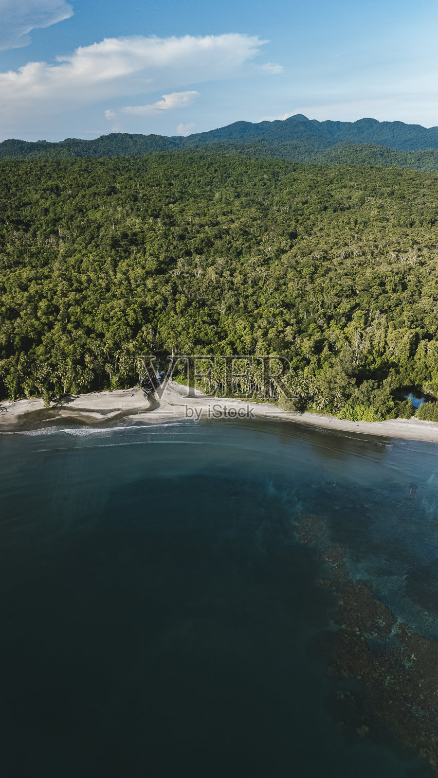 垂直航拍的热带小溪流入海洋的景象。照片摄影图片