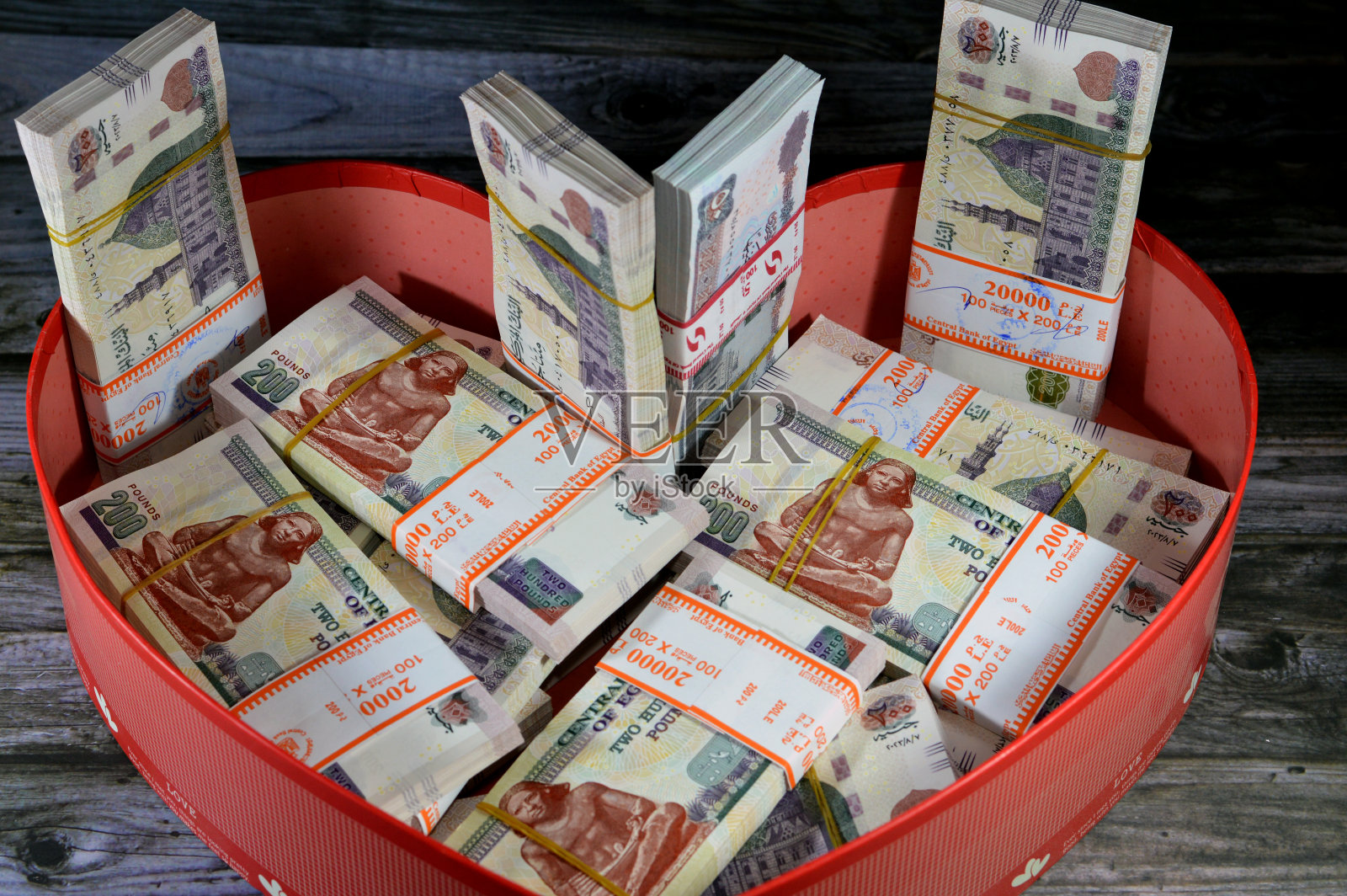 成堆的埃及镑纸币,慈善捐款箱照片摄影图片