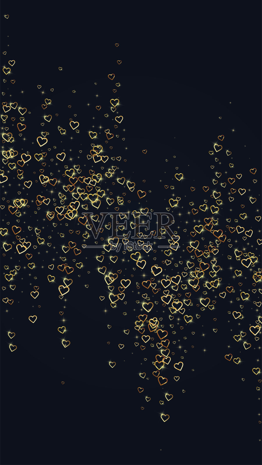 金色的心散落在黑色的背景上。插画图片素材