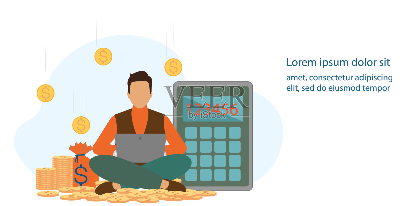 一个人坐在一堆金币上。插画图片素材