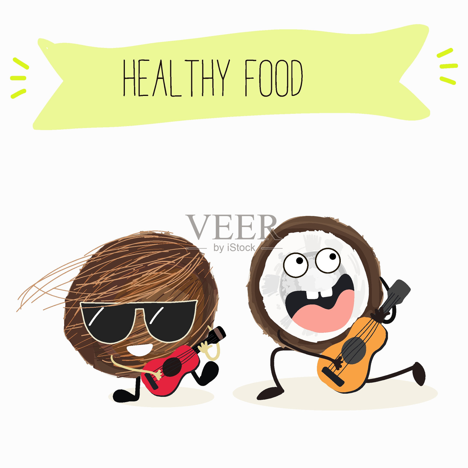 可爱的椰子人物,有趣的水果,不同活动的人物。平面矢量插图。有机食品,健康食品,儿童插图菜单,请柬。插画图片素材