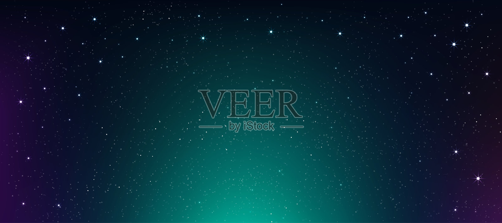 天空星系,云与星云和星星在黑暗的夜晚背景,向量宇宙充满了绿色的星空,蓝天,美丽的自然星场与银河系,地平线横幅彩色宇宙,星尘插画图片素材