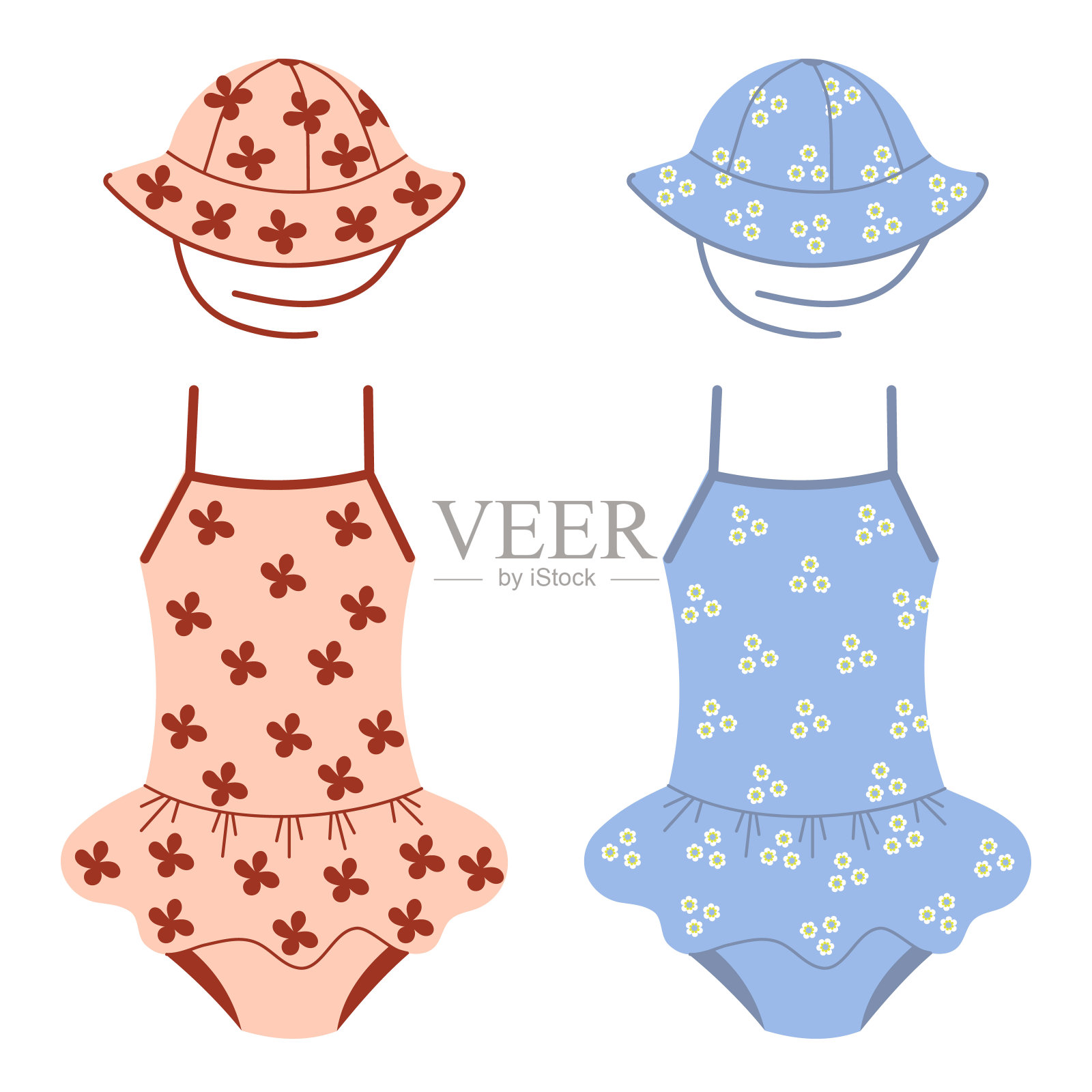 矢量集的孩子泳装和巴拿马与印花插画图片素材