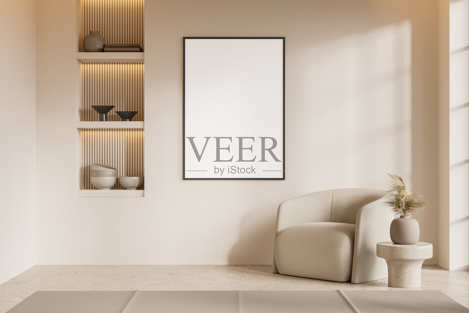 米色的酒店内部有扶手椅和装饰的架子,模型框架照片摄影图片