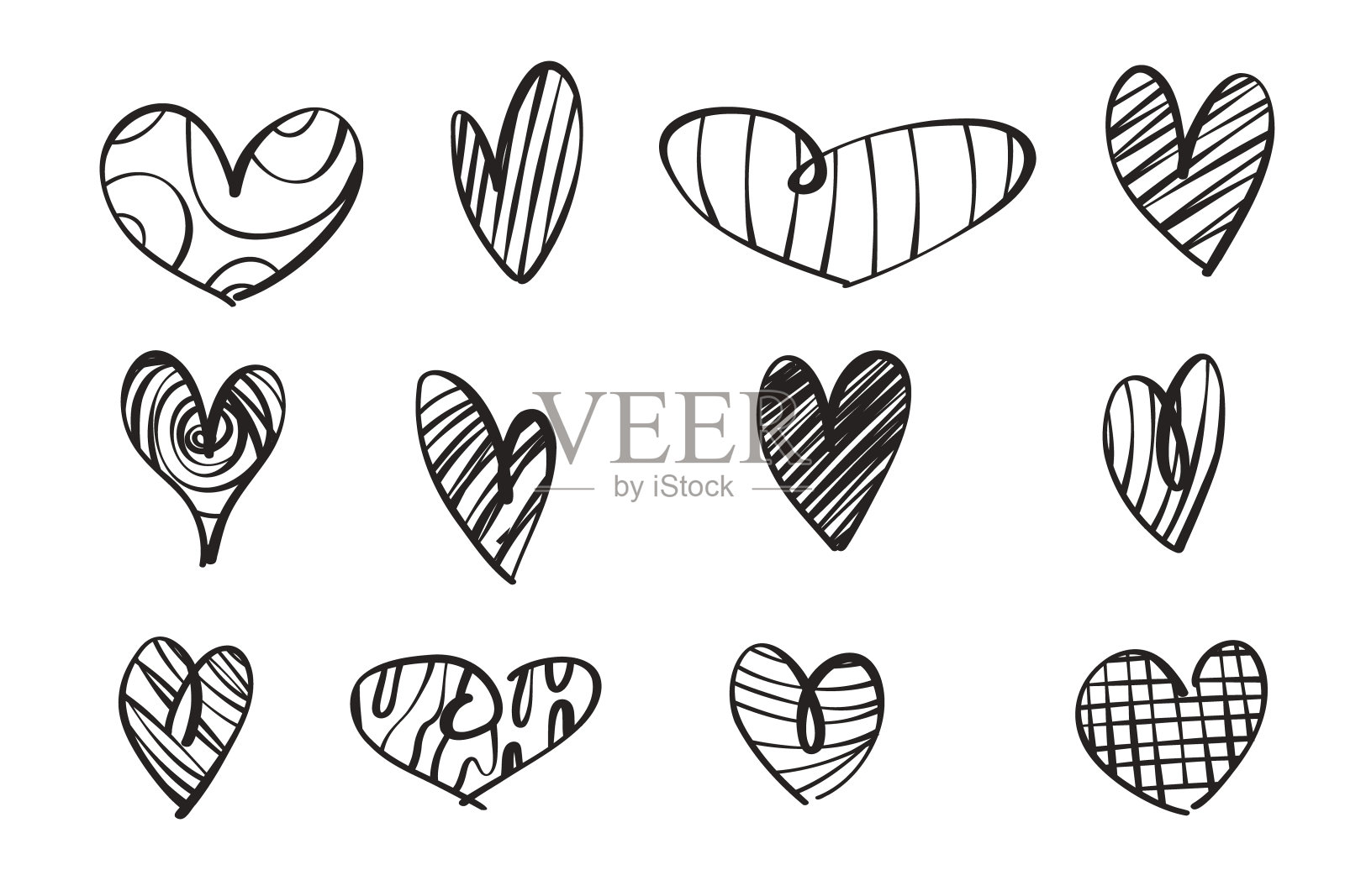 一套十二颗手绘心形。手绘粗糙的心脏标记孤立在白色背景。爱元素涂鸦,矢量插图为您的平面设计插画图片素材