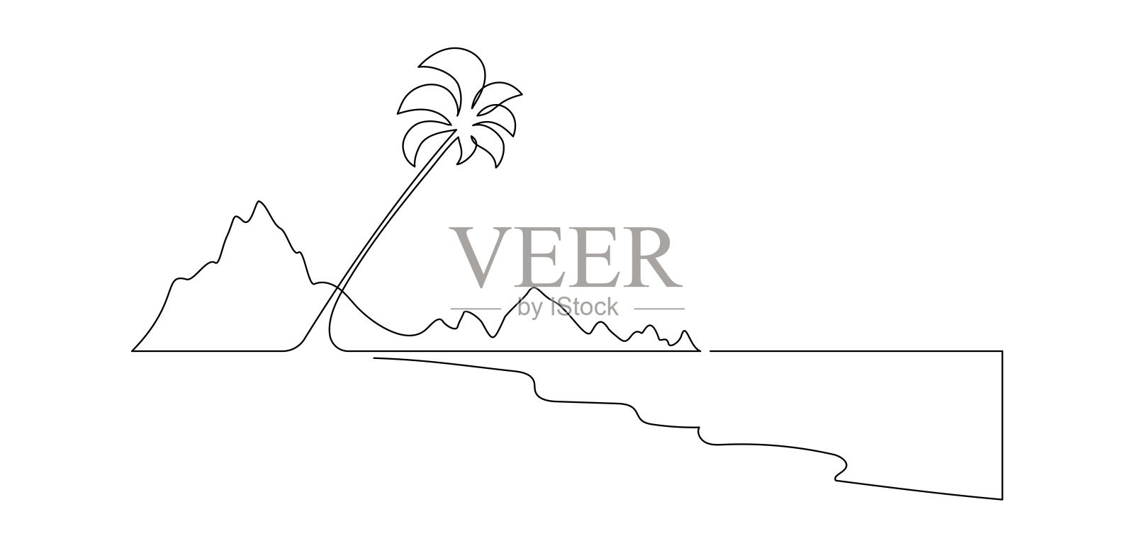 一个连续的线条绘制的海滩与棕榈树。抽象的热带景观与海和云在简单的线性风格。旅游度假可编辑的笔划。涂鸦全景矢量插图插画图片素材