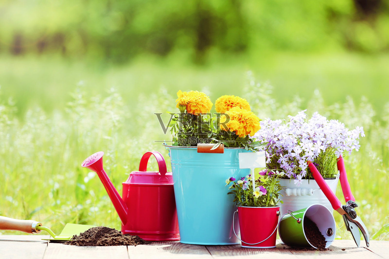 用木桶装花的园艺工具照片摄影图片